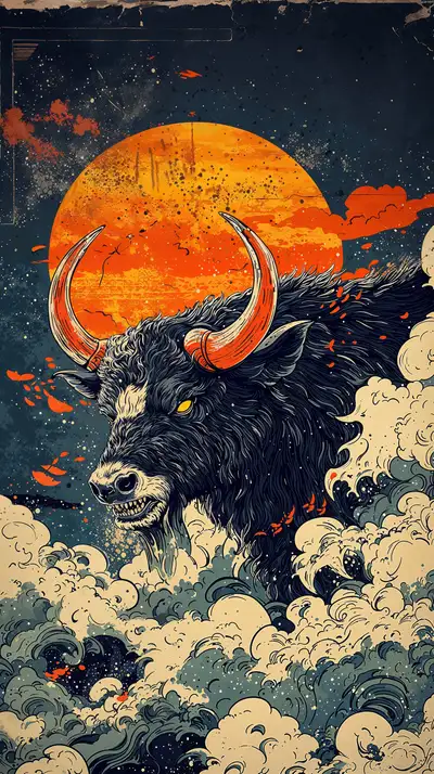 Trâu Vàng Phong Thủy - Mặt Trăng Cosmic Neon 4K