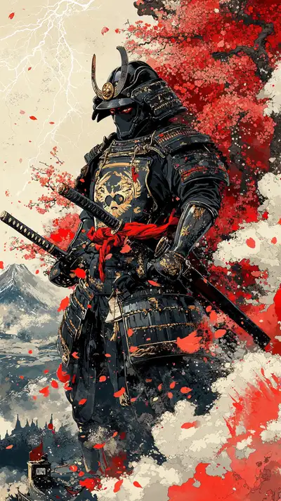 Samurai Áo Giáp Vàng - Hình Nền AI Art 4K Splatter