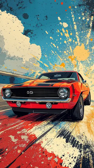 Xe Cổ Điển Cam Pop Art - Hình Nền AI Art 4K