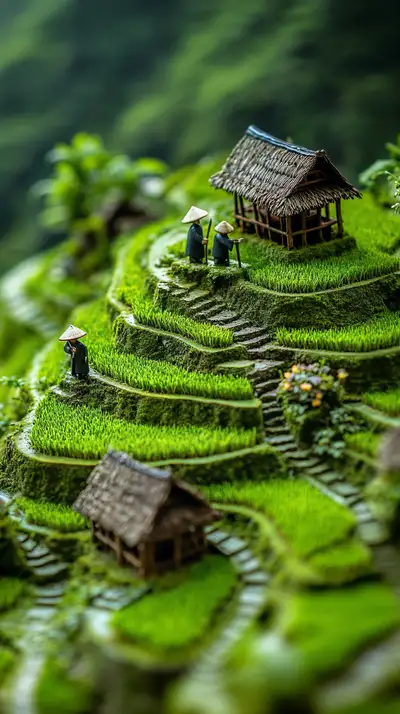 Làng Quê Tilt-Shift - Ruộng Bậc Thang Xanh Mướt AI Art 4K