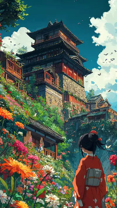 Cô Gái Áo Cổ Trước Lâu Đài Hoa - Hình Nền AI Art 4K