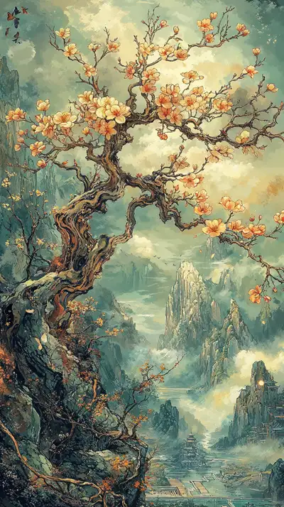 Cây Cổ Hoa Vàng Phong Cảnh Thần Thoại - Hình Nền AI Art 4K