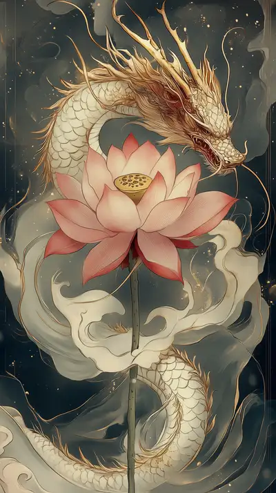 Rồng Hoa Sen Phong Thủy - Hình Nền AI Art 4K