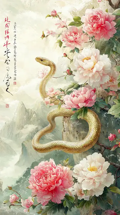 Rắn Vàng & Hoa Mẫu Đơn - Hình Nền Phong Thủy AI Art 4K