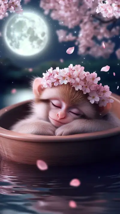 Khỉ Dưới Trăng - Hoa Anh Đào Phong Thủy - Hình Nền AI Art 4K
