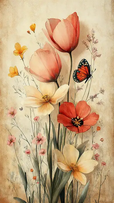 Vườn Hoa Vintage - Tulip & Bướm Nước Cổ Điển | Hình Nền AI Art