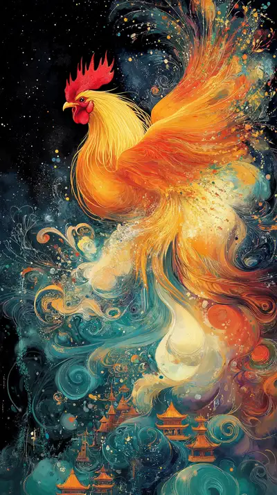 Gà Trống Vàng Phong Thủy - Hình Nền AI Art Cosmic 4K