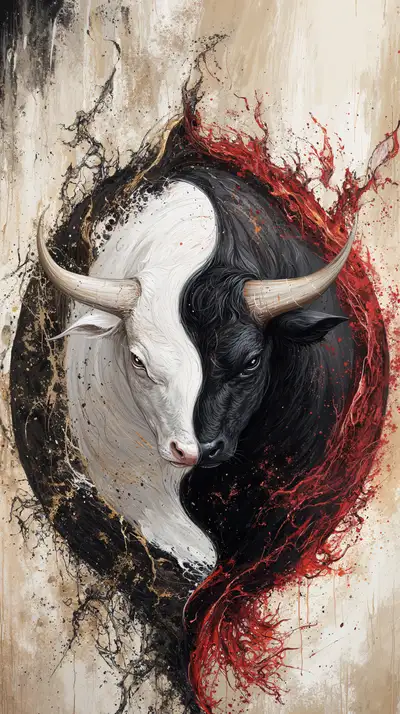 Bò Tý Âm Dương - Hình Nền Phong Thủy AI Art Splatter 4K