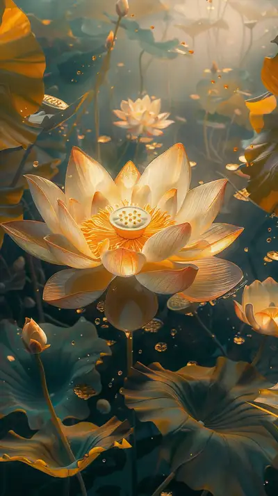 Hoa Sen Vàng Phong Thủy - Hình Nền AI Art 4K Lấp Lánh