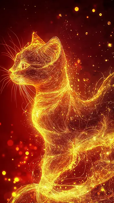 Mèo Vàng Neon Cosmic - Hình Nền AI Art 4K