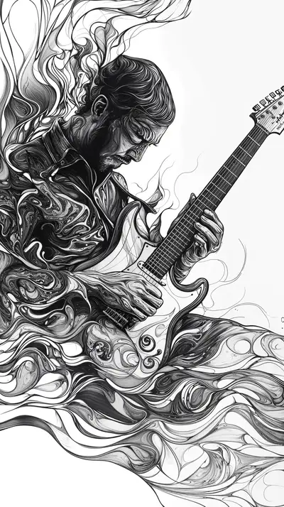 Nữ Nghệ Sĩ Chơi Guitar - Hình Nền AI Art Trắng Đen 4K