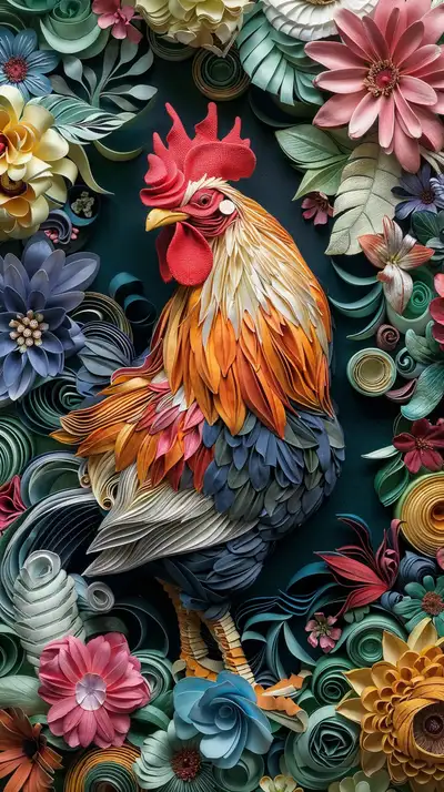 Gà Trống Hoa Lá 3D Paper Art - Hình Nền AI Art 4K