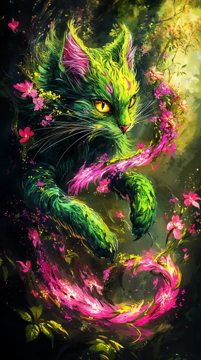 Mèo Neon Xanh Lá - Hình Nền AI Art Cosmic 4K