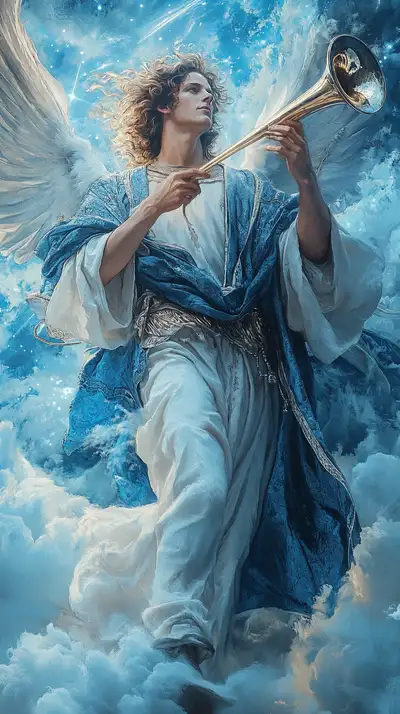 Thiên Thần Cầm Kèn - Hiệu Ứng Cosmic Trời Xanh | Hình Nền AI Art 4K