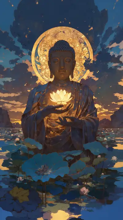 Tượng Phật Vàng Hoàng Hôn - Hình Nền AI Art 4K Tâm Linh