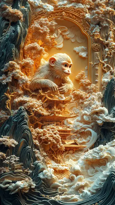Khỉ Vàng Phong Thủy - Hình Nền AI Art 3D Relief 4K