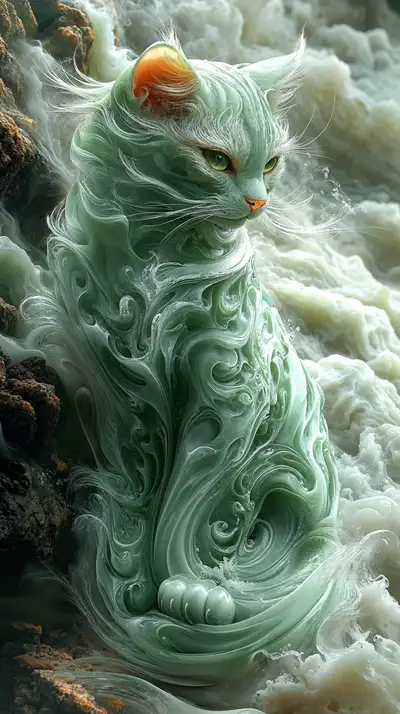 Mèo Phong Thủy Ngọc Bích - Hình Nền AI Art 4K