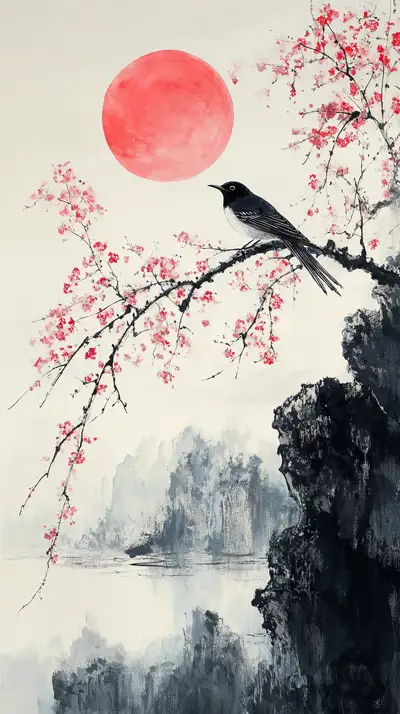 Chim Trên Cành Hoa - Phong Thủy Núi Nước | AI Art 4K