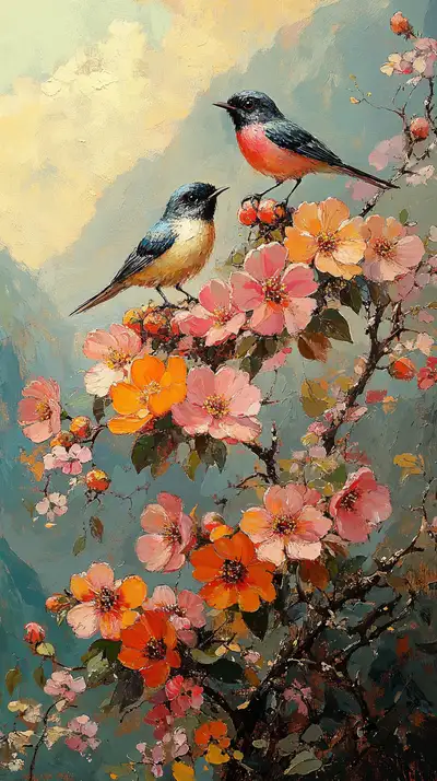 Chim và Hoa Đơm - Hình Nền AI Art Tranh Sơn Dầu