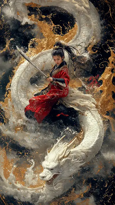 Rồng Vàng Phong Thủy - Thiếu Nữ Trang Phục Truyền Thống AI Art 4K