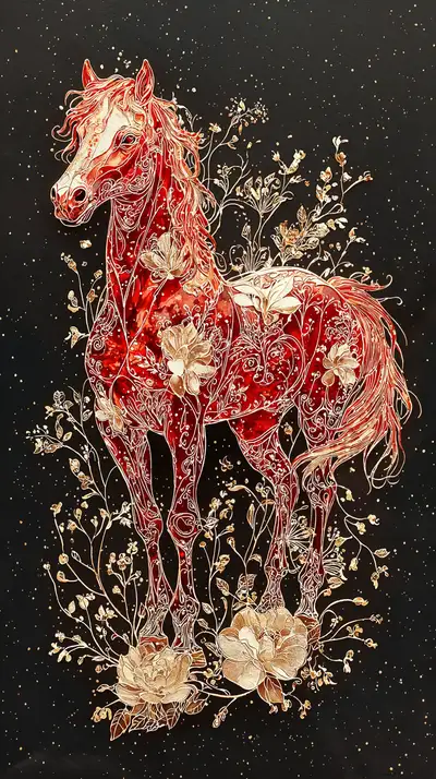 Ngựa Đỏ Vàng Phong Thủy - Hình Nền AI Art 4K