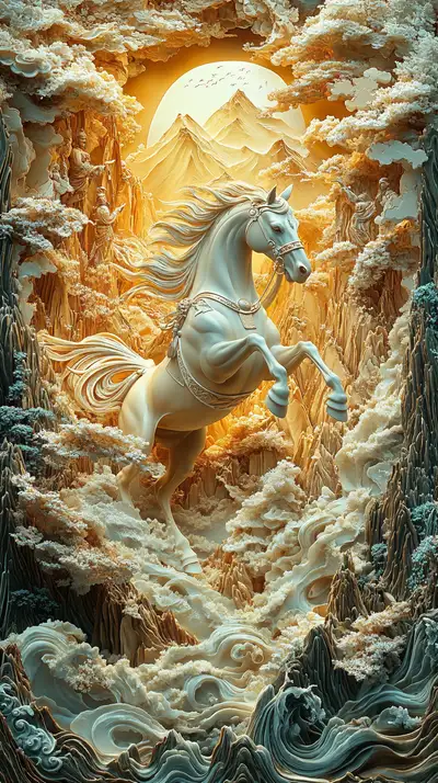 Ngựa Trắng Phong Thủy - Hình Nền AI Art 3D Cosmic