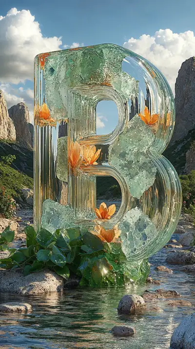 Chữ B Thủy Tinh Hoa Sen Vàng - Hình Nền AI Art 4K