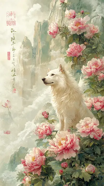 Chó Trắng Hoa Mộc Đơn - Tranh Sơn Thủy AI Art 4K