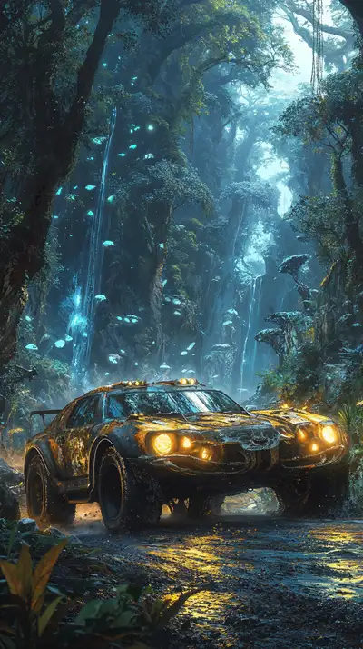 Siêu Xe Vàng Rừng Cosmic - Hình Nền AI Art Cyberpunk 4K