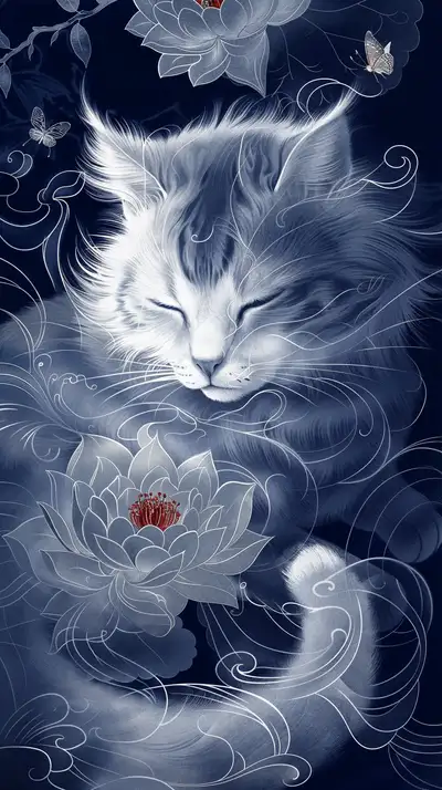 Mèo Trắng Hoa Sen Phong Thủy - Hình Nền AI Art 4K
