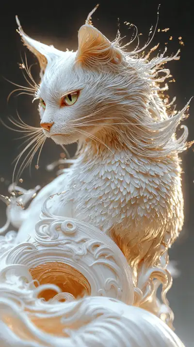 Mèo Trắng Vàng Phong Thủy - Hình Nền AI Art Cosmic 4K