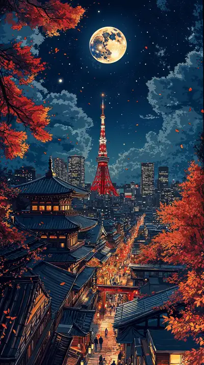 Lá Mùa Thu Mặt Trăng - Hình Nền AI Art Cyberpunk 4K