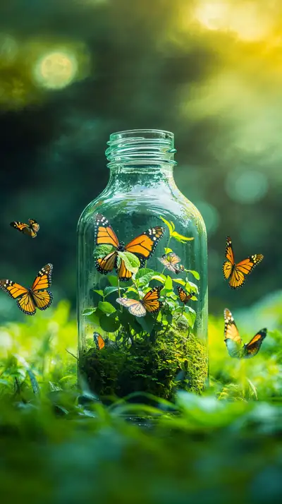 Bướm Vàng Trong Chai Xanh - Hình Nền AI Art Thiên Nhiên 4K