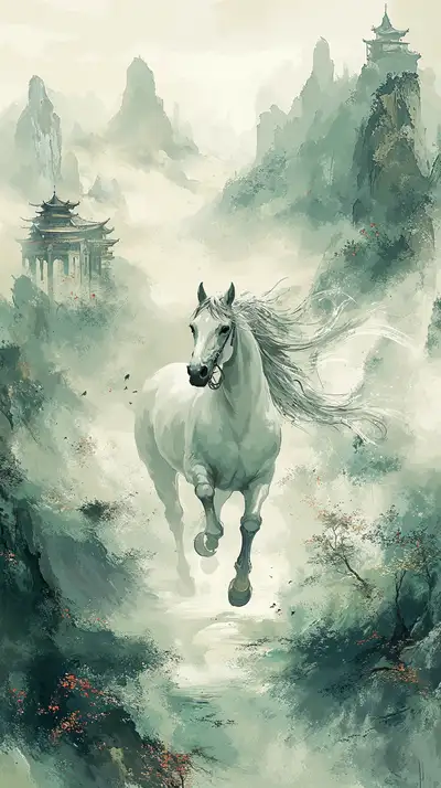 Ngựa Trắng Phong Thủy Núi Thiêng - Hình Nền AI Art 4K
