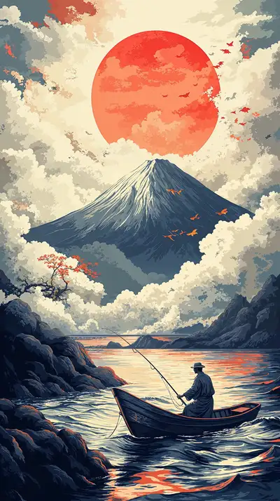 Phú Sĩ Bình Minh - Người Câu Cá Phong Thủy AI Art 4K