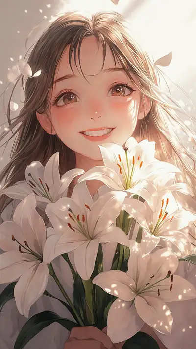 Cô Gái Tươi Cười Hoa Huệ - Hình Nền AI Art 4K