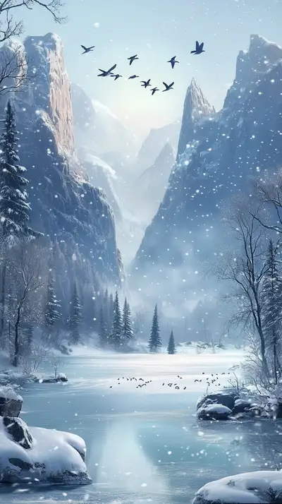 Thung Lũng Núi Tuyết Mùa Đông - Hình Nền AI Art 4K