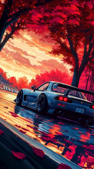 Siêu Xe Neon Hoàng Hôn - AI Art Wallpaper Synthwave 4K