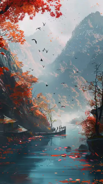 Phong Cảnh Sông Núi Thu Đỏ - Hình Nền AI Art 4K Thiên Nhiên