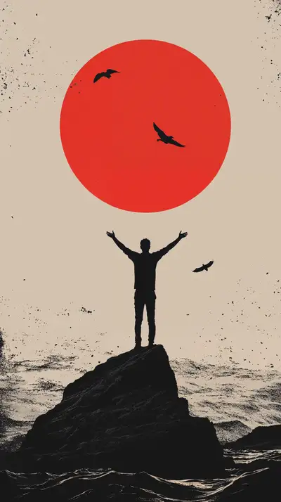 Nhân Vật Vùng Vẫy Trước Mặt Trời Đỏ - Hình Nền Minimalist AI Art