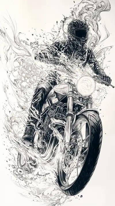 Biker Xe Máy Vintage - Ink Splash Art Nước Vẽ 4K