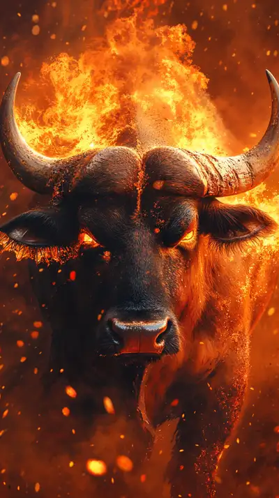Trâu Vàng Phong Thủy - Hình Nền AI Art 4K Lửa Cosmic