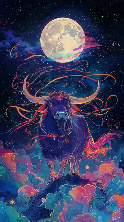 Trâu Neon Cosmic - Hình Nền AI Art 4K Phong Thủy