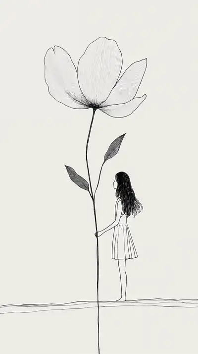 Cô Gái Và Bông Hoa Cúc - Line Art Minimalist Hình Nền 4K