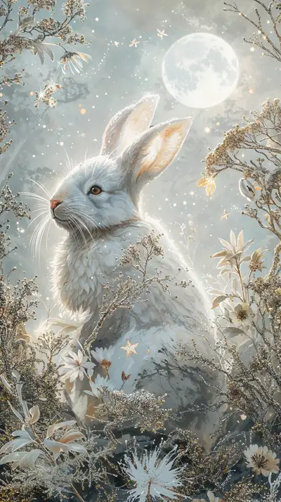 Thỏ Bạc Dưới Ánh Trăng - Hình Nền AI Art Fantasy 4K