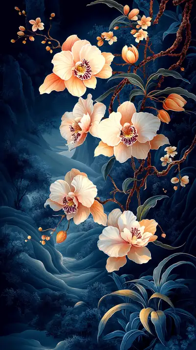 Hoa Lan Đào Xanh Lam - Hình Nền AI Art 4K