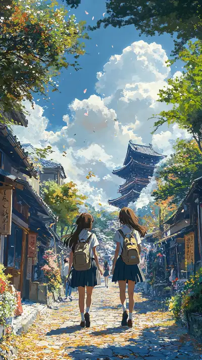 Hai Cô Gái Phố Cổ Mùa Thu - Hình Nền AI Art 4K Việt Nam