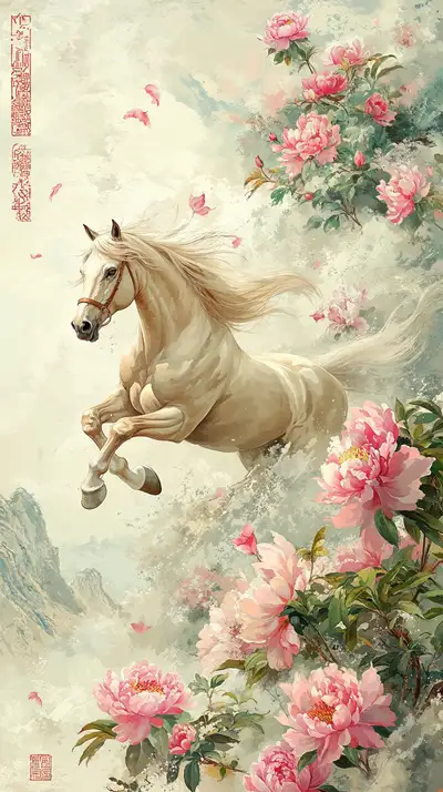 Ngựa Trắng Hoa Mẫu Đơn - Tranh AI Art Phong Thủy 4K