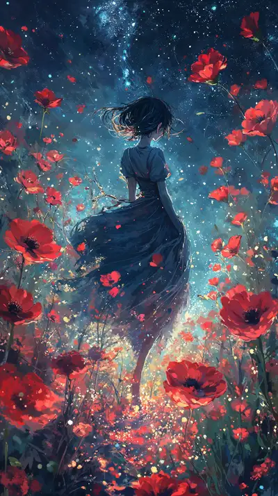 Cô Gái Giữa Vườn Poppy Đỏ - Hình Nền AI Art Lãng Mạn 4K
