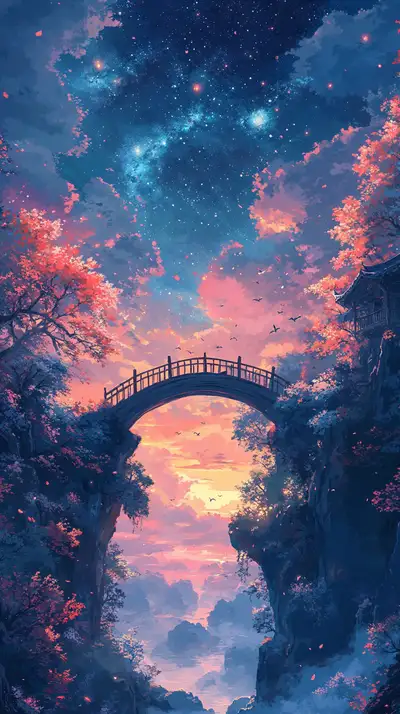 Cây Cầu Rồng Phía Trước Hoàng Hôn Cosmic - Hình Nền AI Art 4K